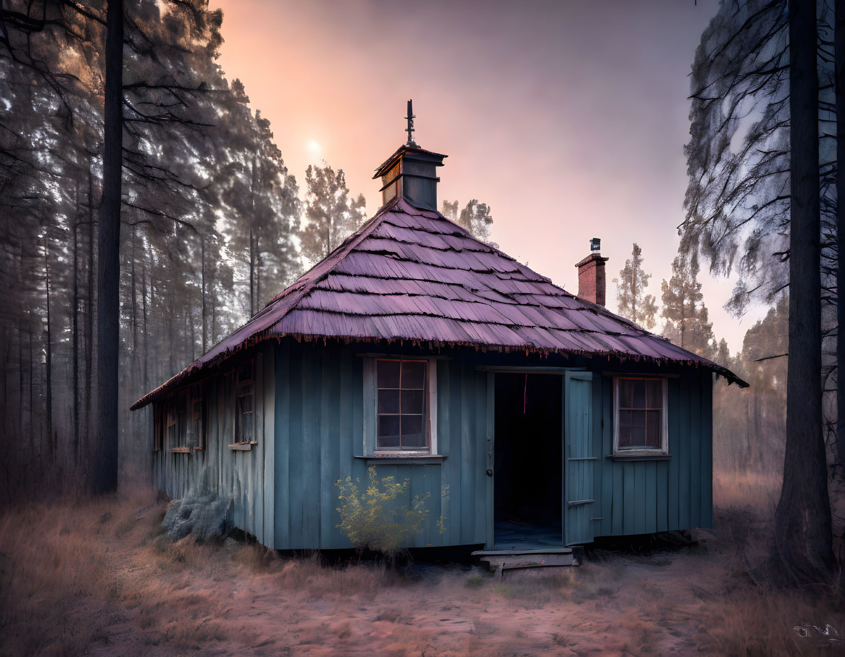 Blue Octagonal Cabin with Red Tin Roof Amidst Pine Trees and Purple Dusk Sky