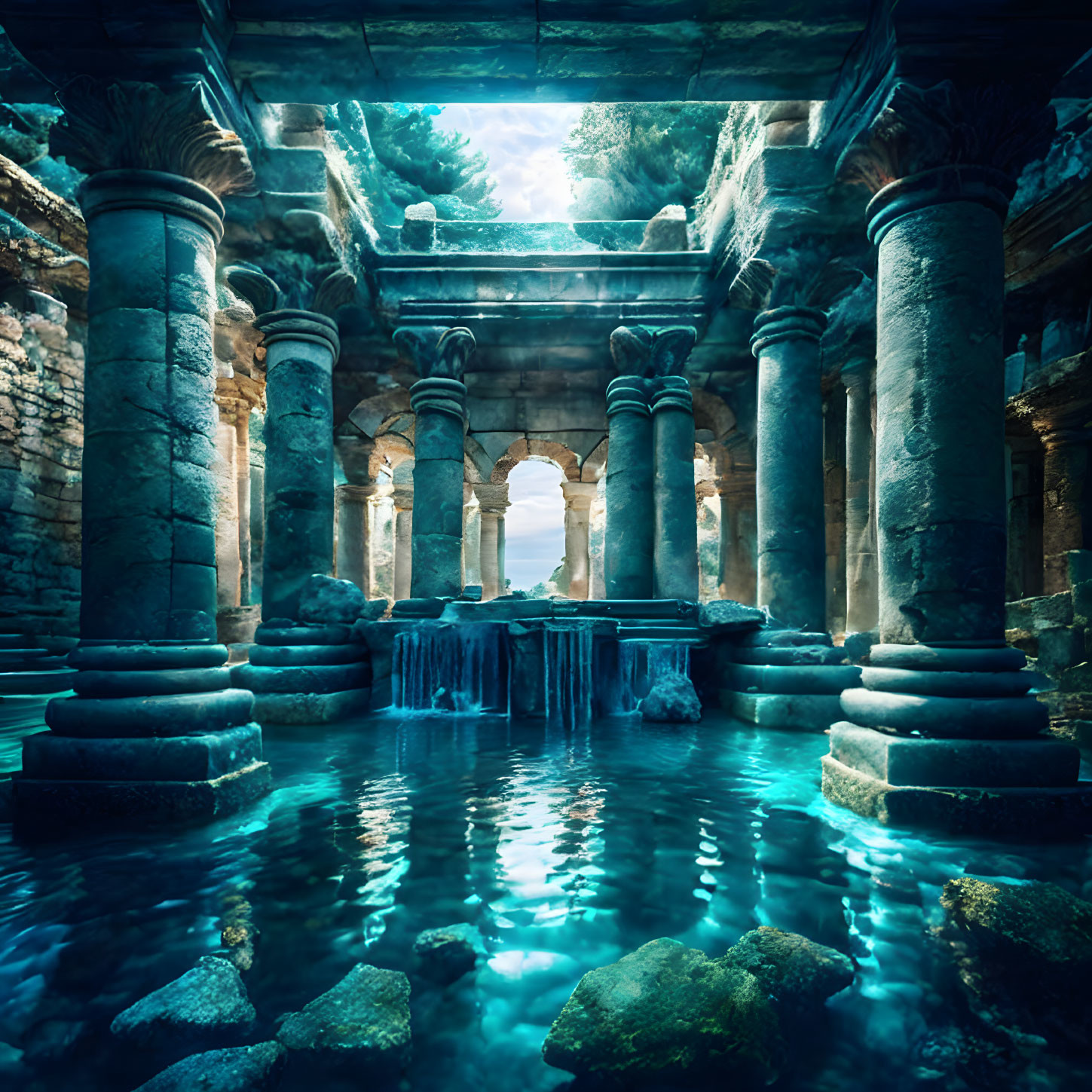 Ancient flooded underground structure with classical columns and sunlight