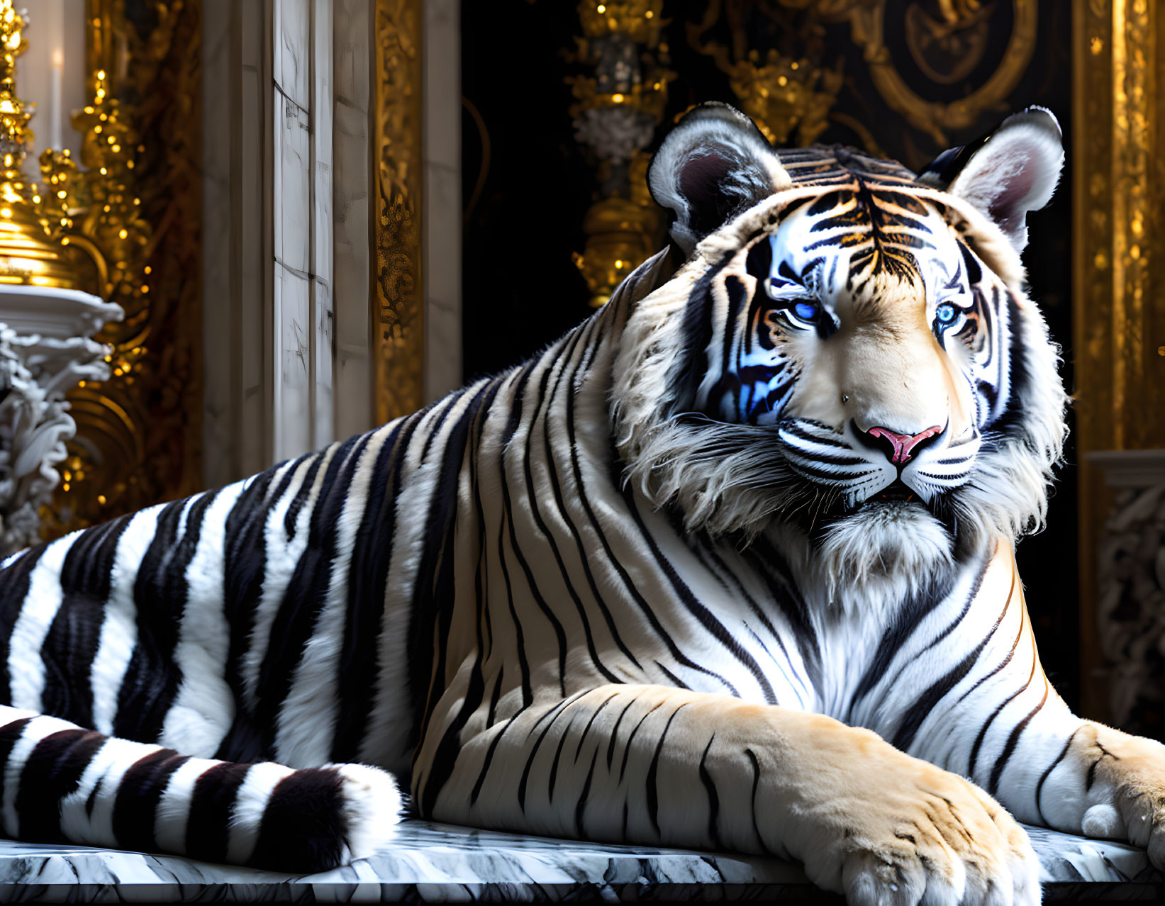 White tiger with black stripes in luxurious gold room