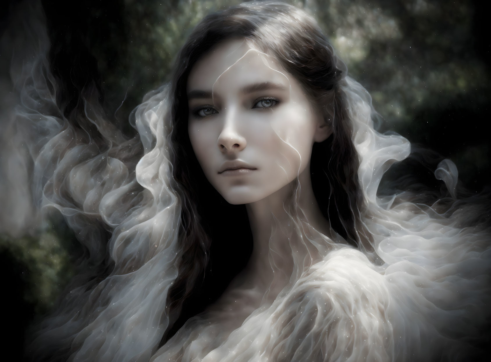 Ethereal portrait of a woman with flowing hair and captivating gaze