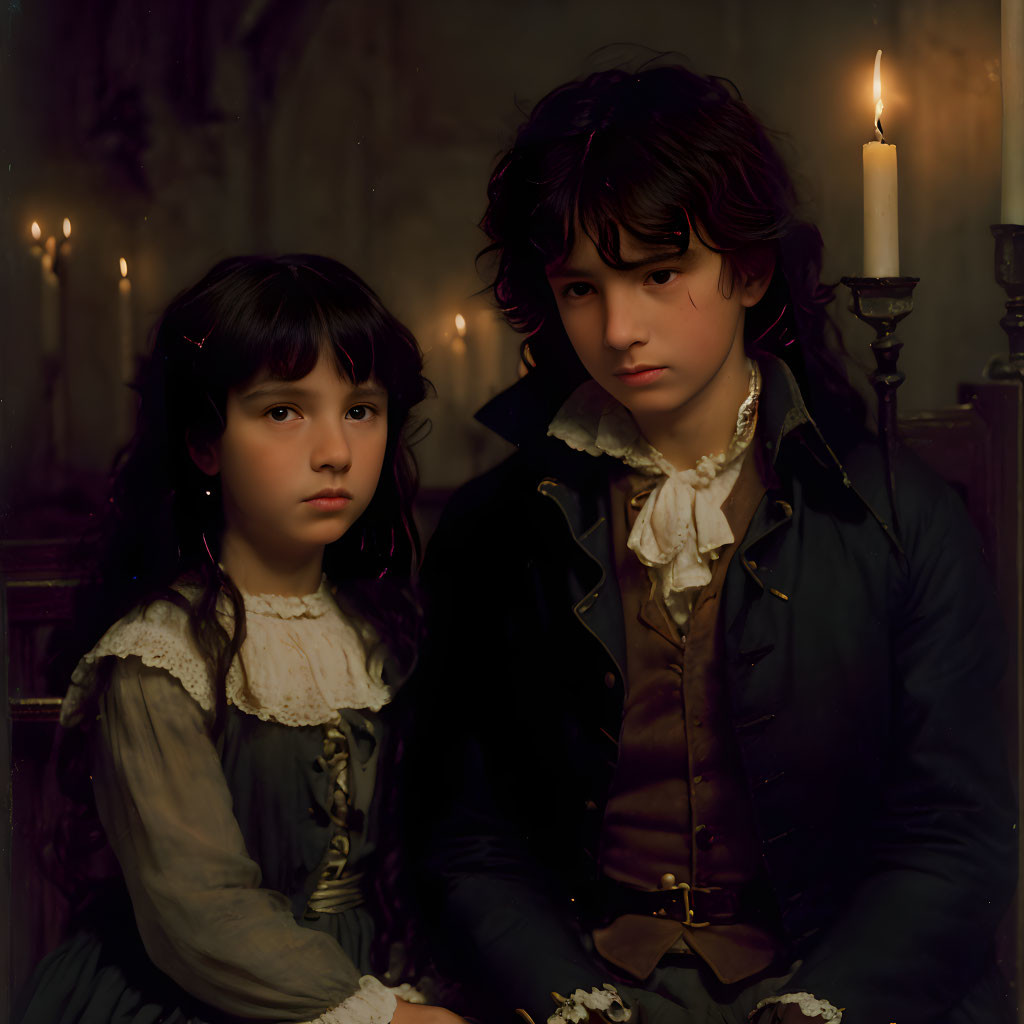 Historical attire: Girl and boy by lit candle in somber portrait.