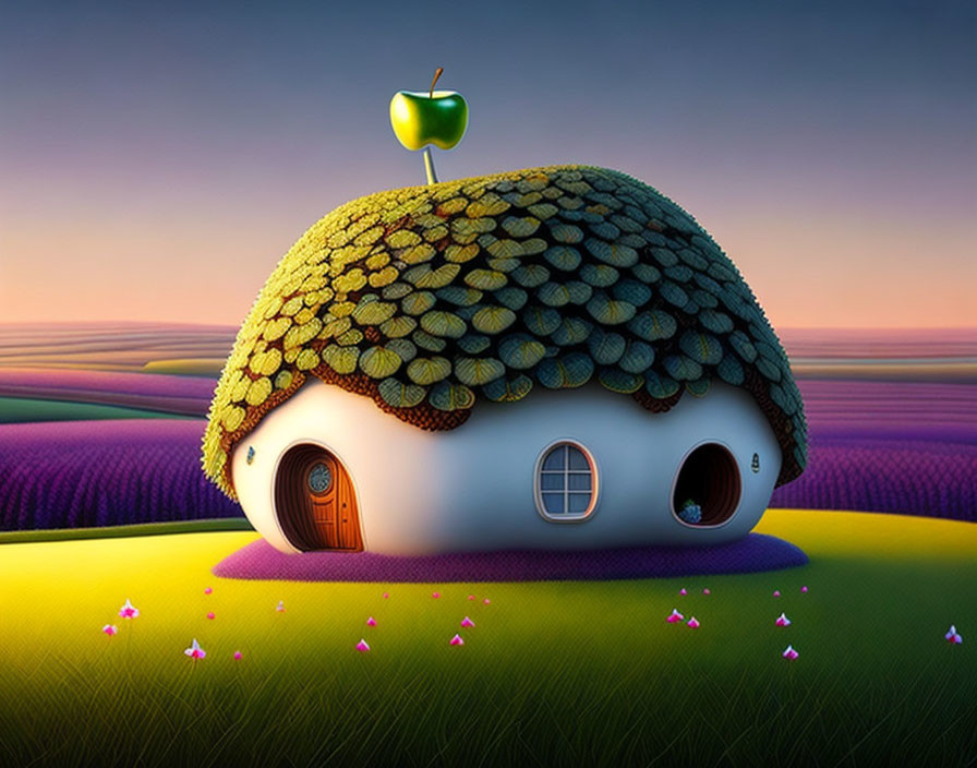 Illustration of round house with leaf shingle roof and giant apple in colorful countryside