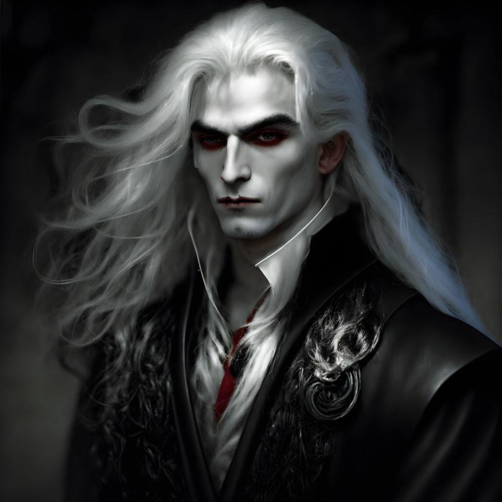 Pale White-Haired Man with Red Eyes and Black Coat