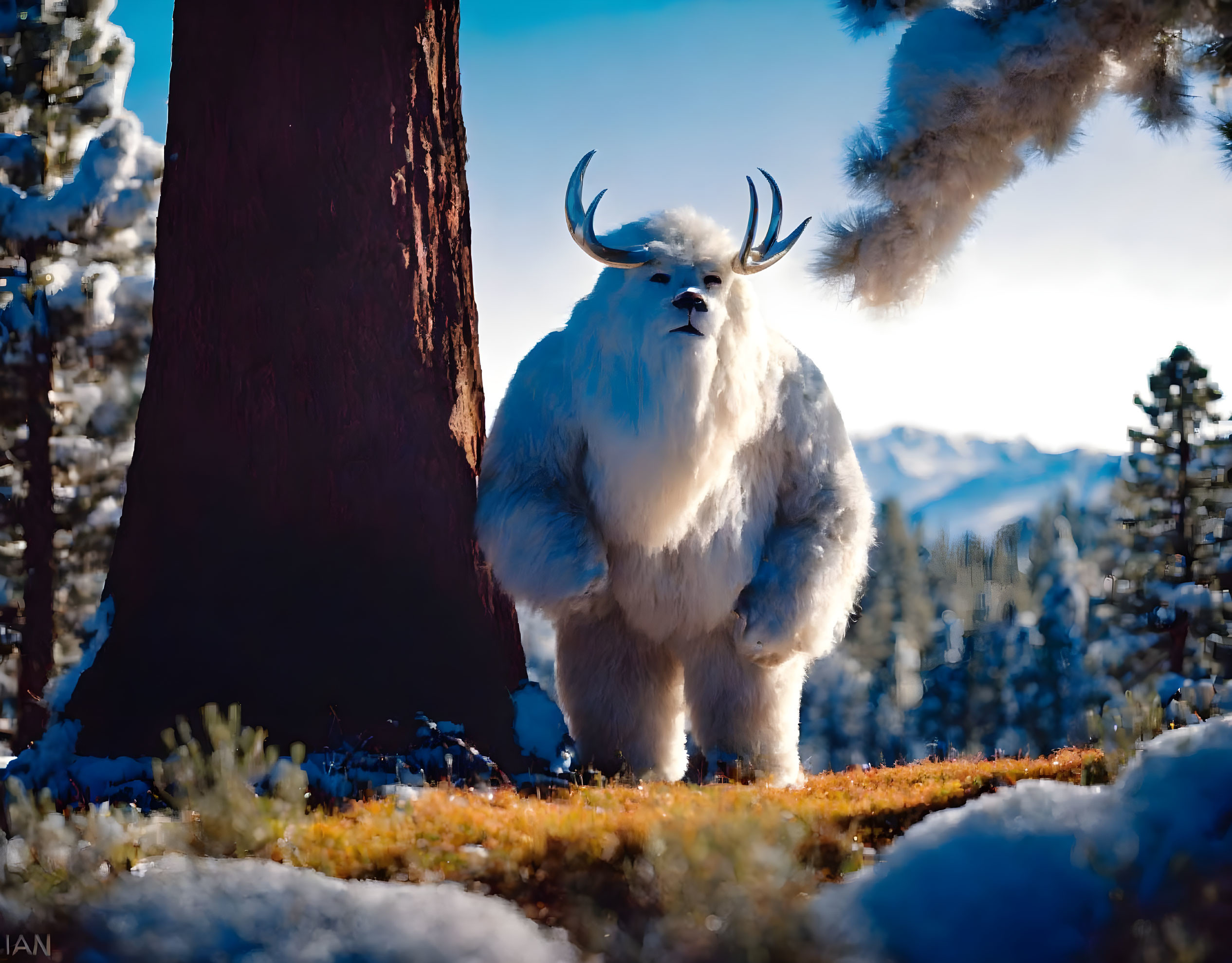 Large White Furry Beast with Curved Horns in Snowy Forest