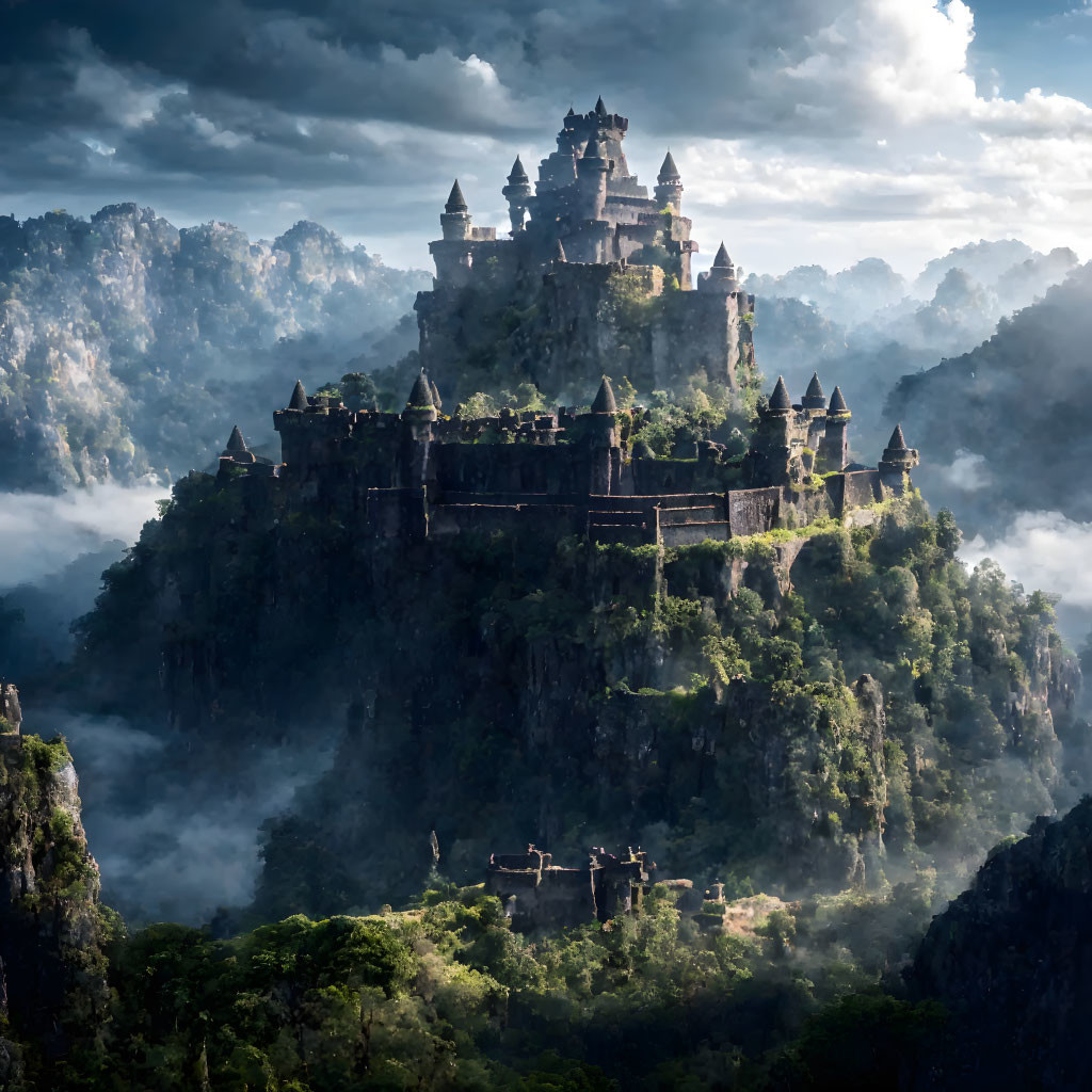 Majestic castle on cliff in misty forest landscape