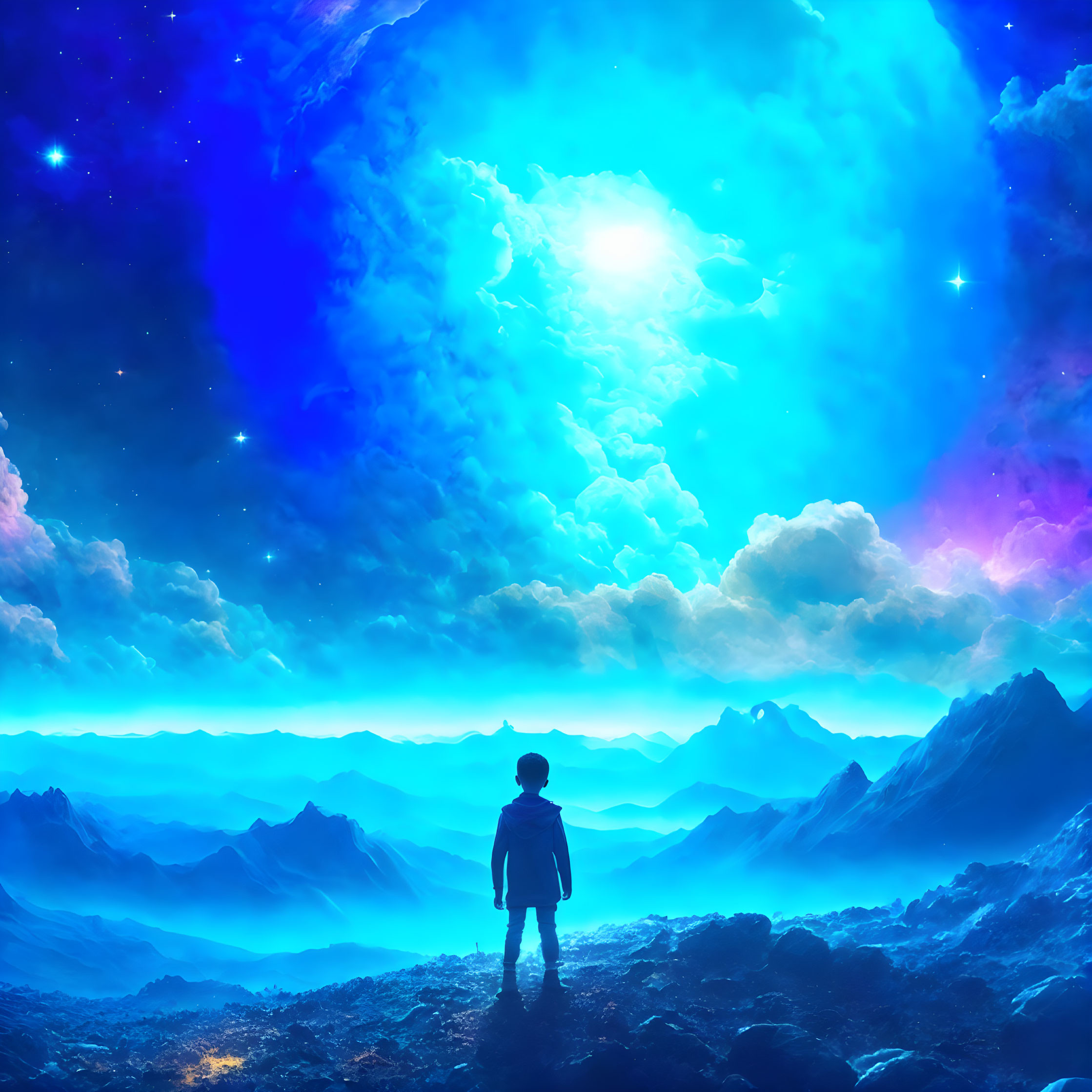 Silhouette of a person under star-filled sky with celestial body, mountains, and blue glow