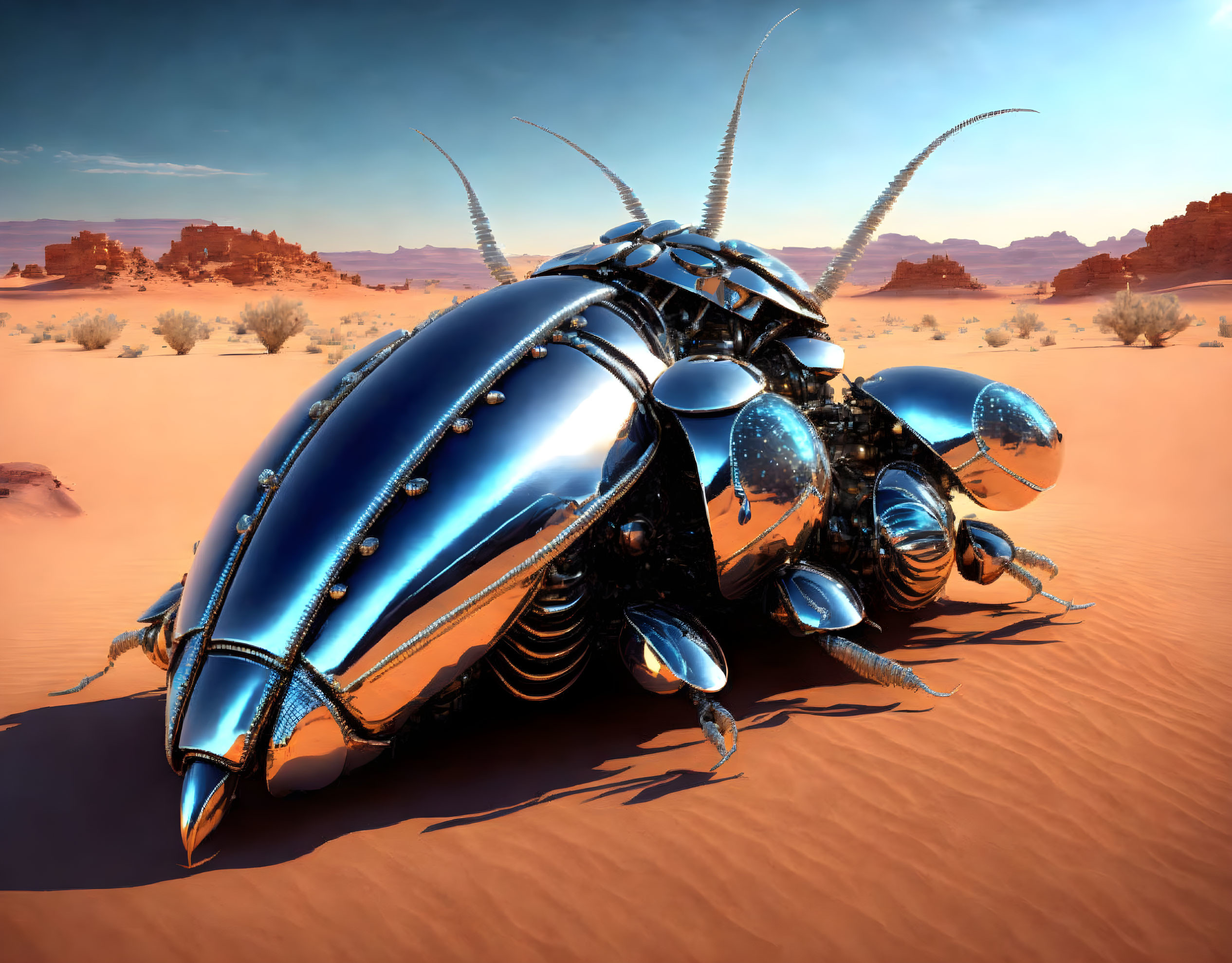 Shiny metallic beetle in desert landscape with rocks