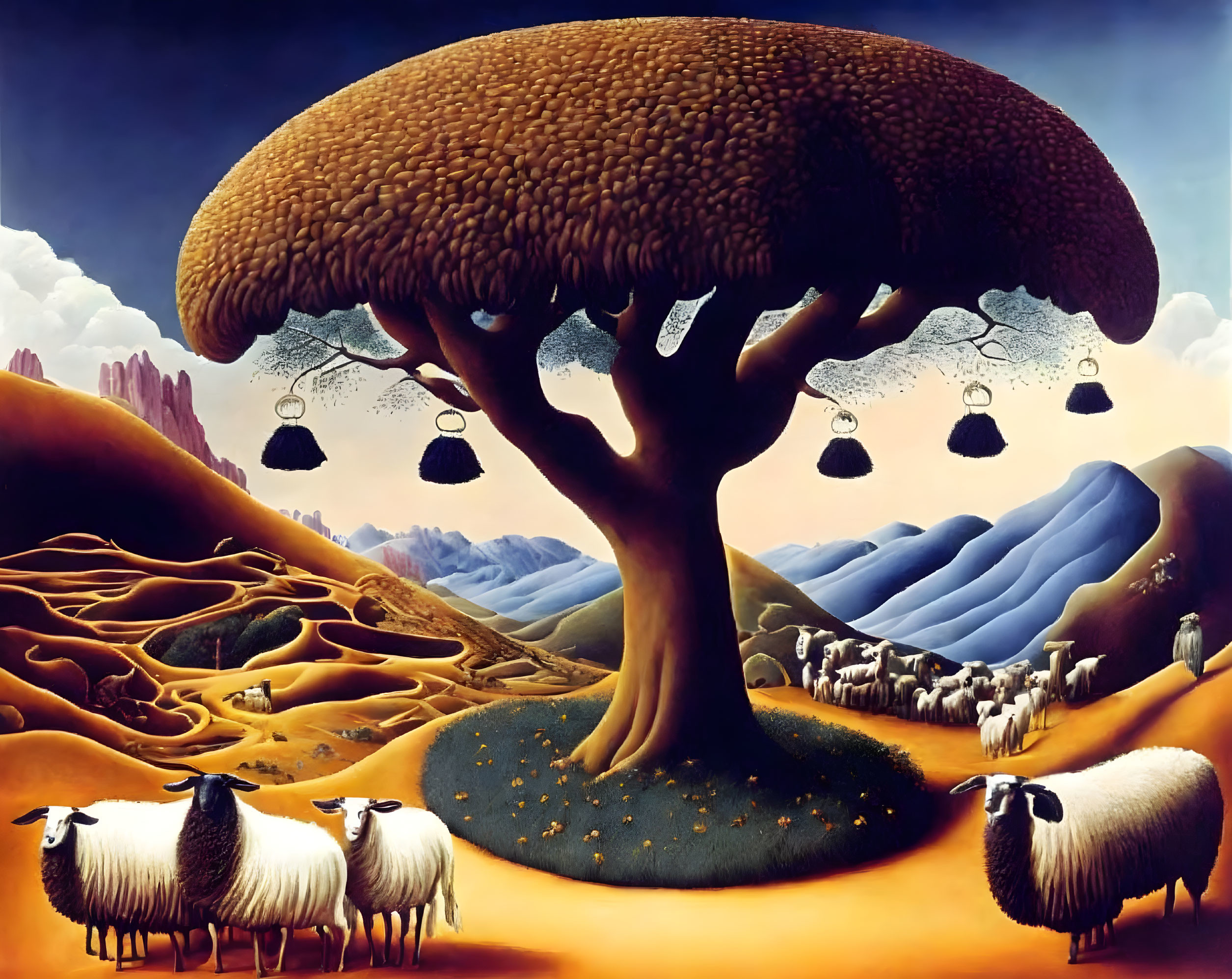 Surreal landscape featuring giant tree, lanterns, rolling hills, path, sheep, twilight sky