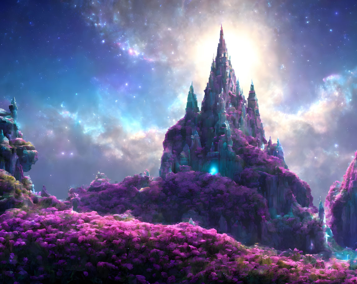 Fantastical landscape with glowing crystal castle and purple foliage