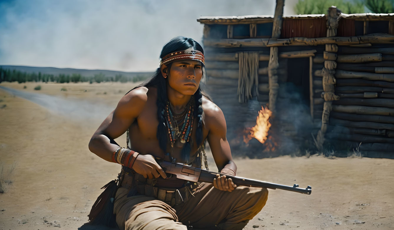 Native American person in traditional attire with rifle near burning structure