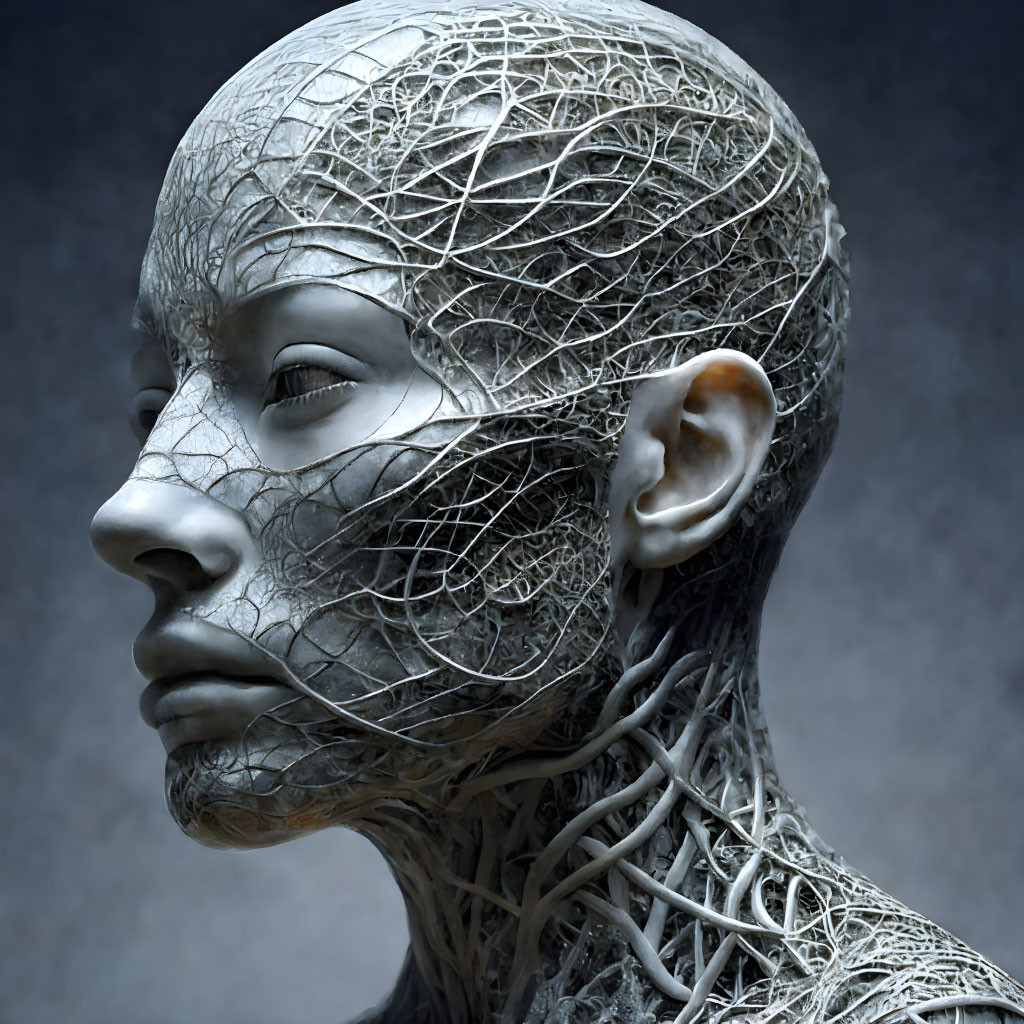 Monochromatic 3D digital art of human-like figure with intricate mesh patterns