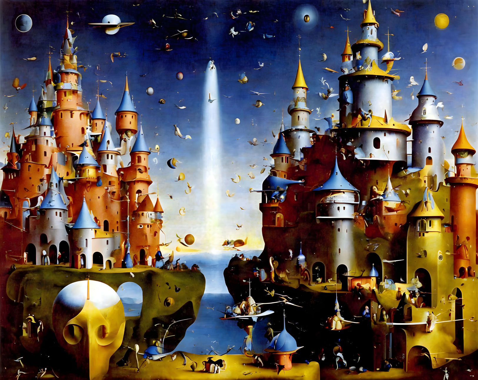 Surreal image of interconnected golden castles and enigmatic face structure