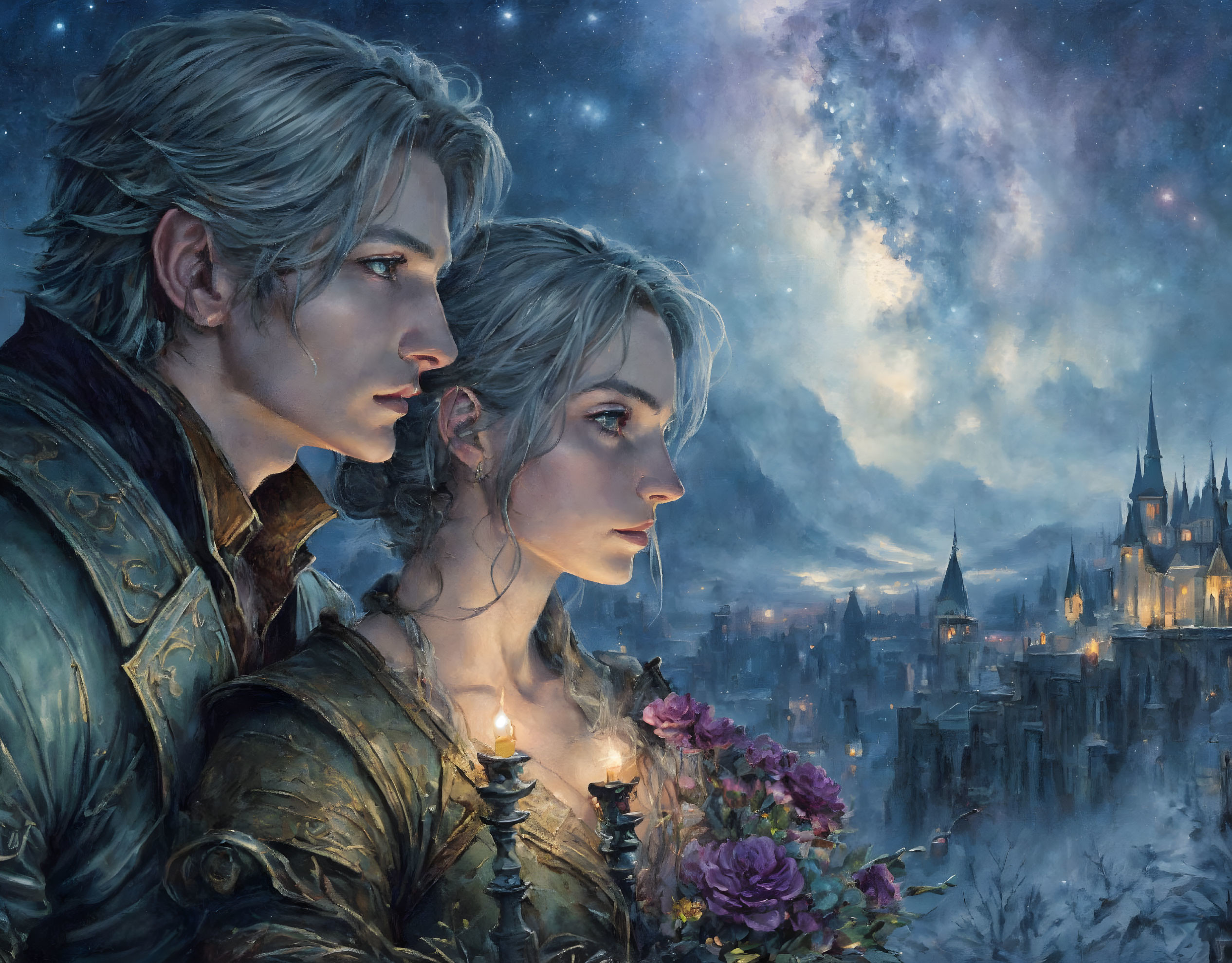 Stylized characters in starry night sky with mystical city backdrop