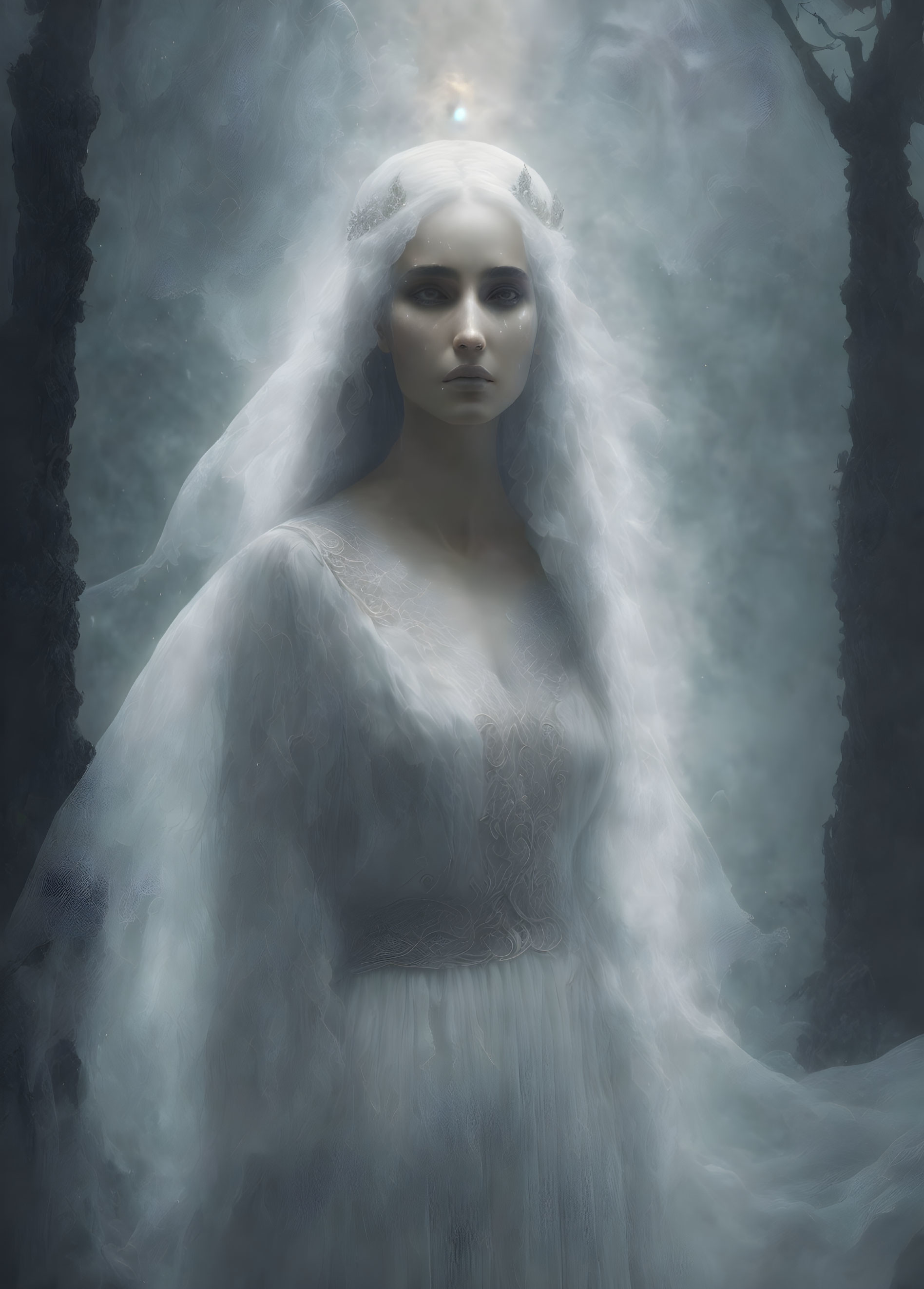 Mystical woman in white bridal gown in foggy forest