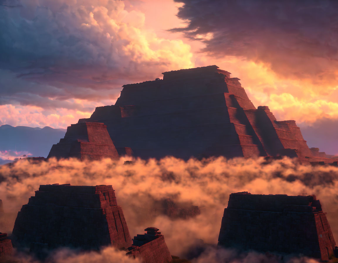 Mesoamerican Pyramids Above Clouds at Twilight