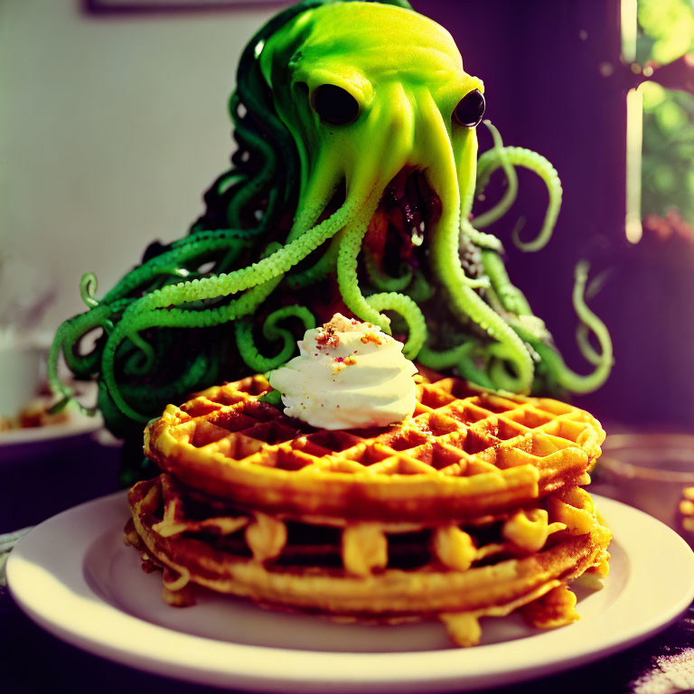 Green octopus on stack of waffles with whipped cream