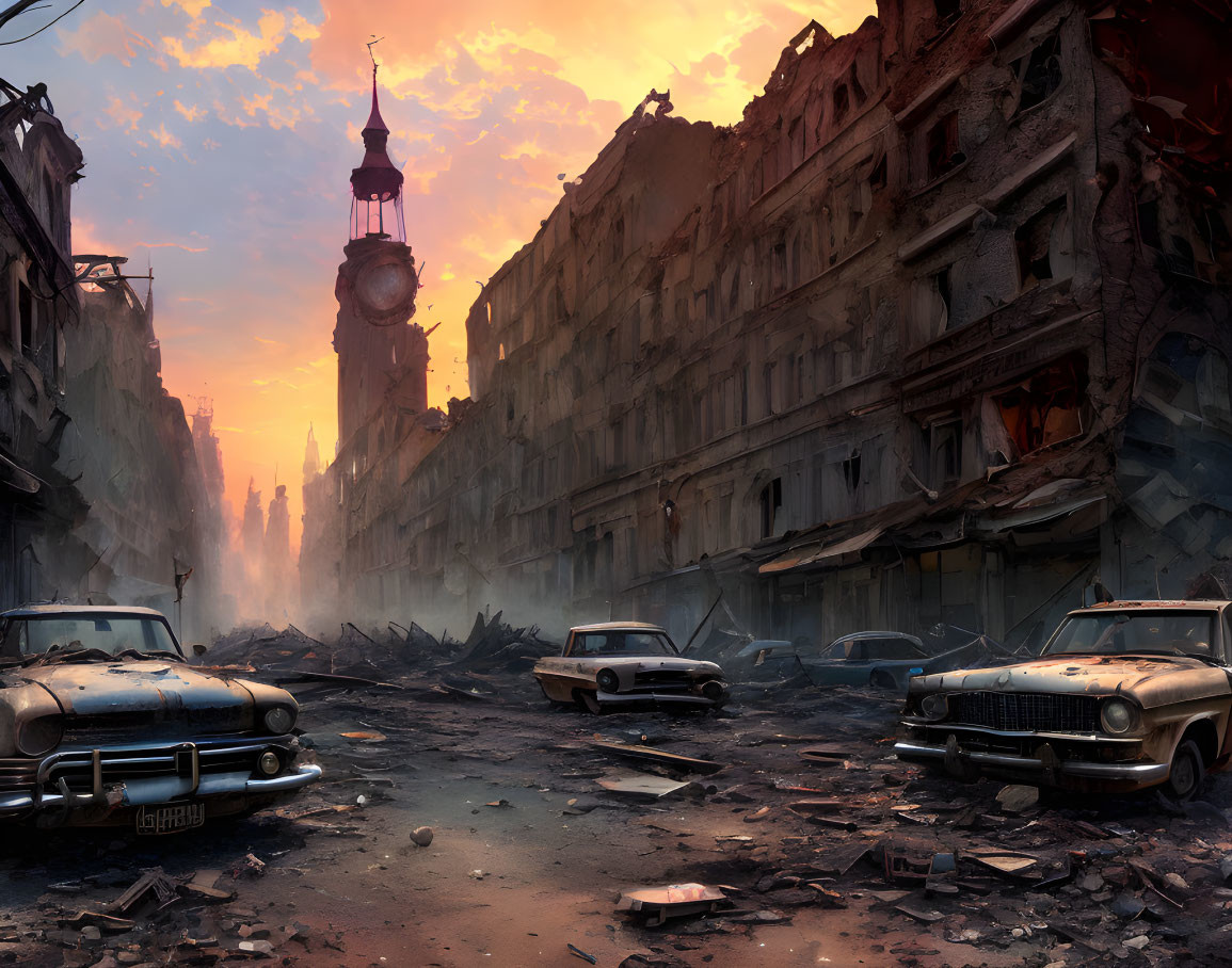 Post-apocalyptic scene with ruined buildings, abandoned cars, and clock tower at sunset
