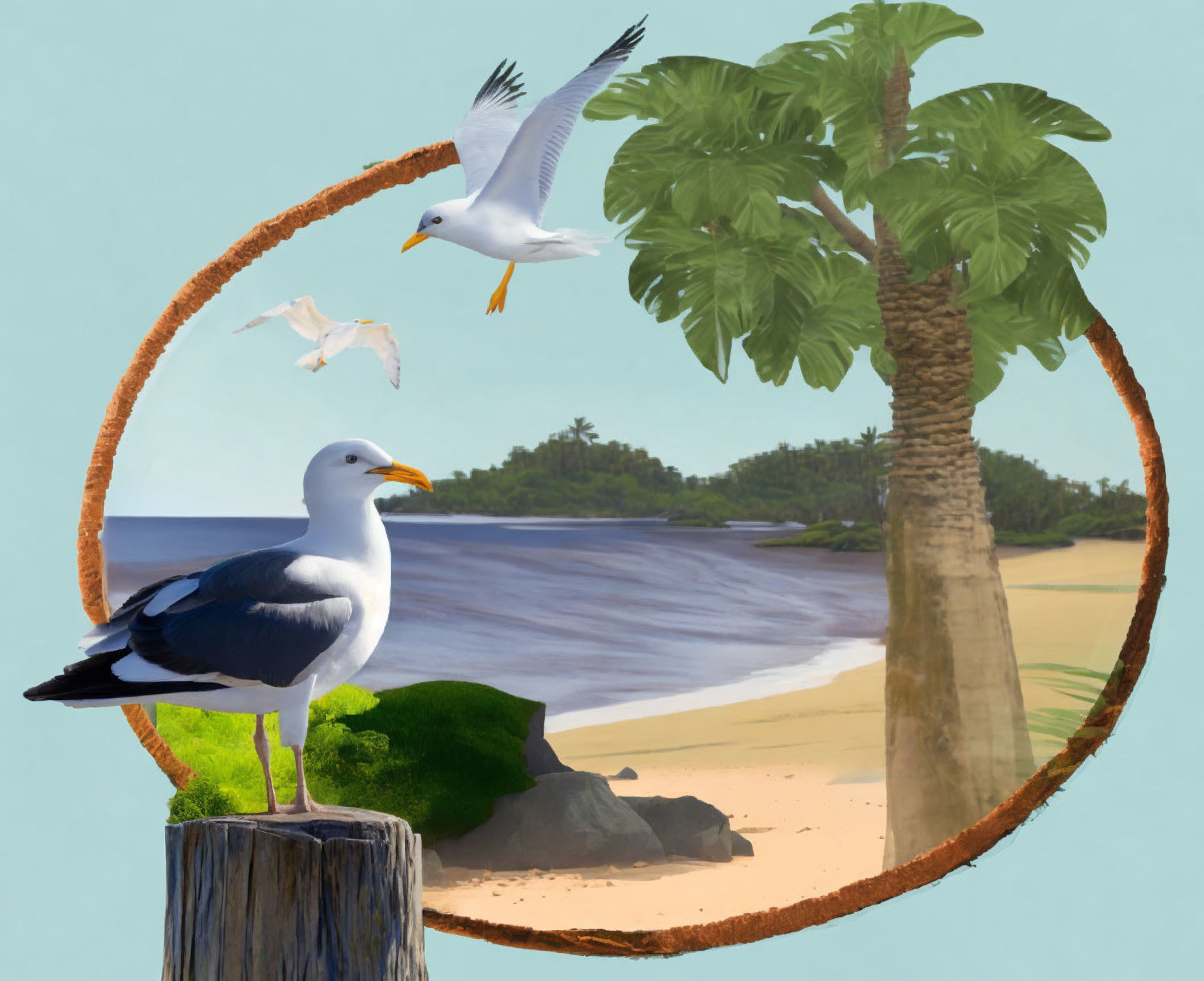 Coastal Scene with Seagulls and Tropical Elements