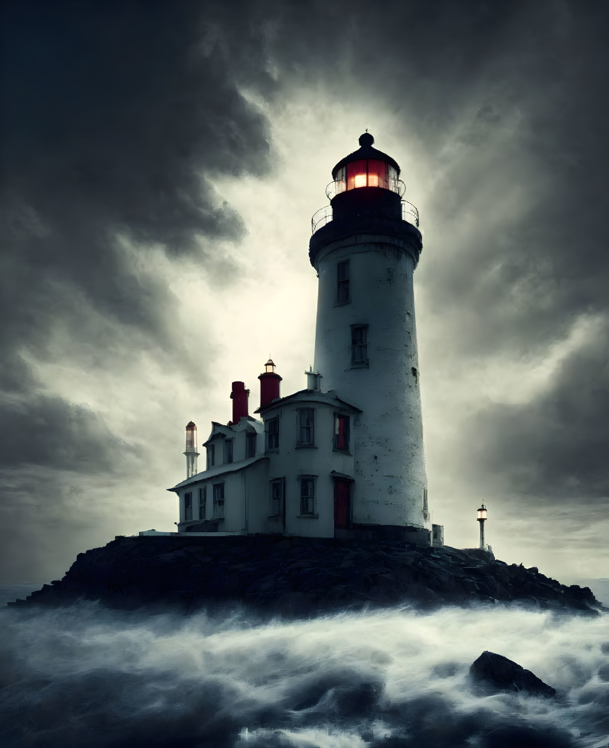 Solitary lighthouse on rocky outcrop with dramatic cloudy backdrop