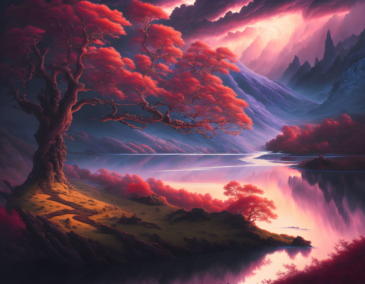 Majestic tree with red foliage overlooking serene lake and purple mountains