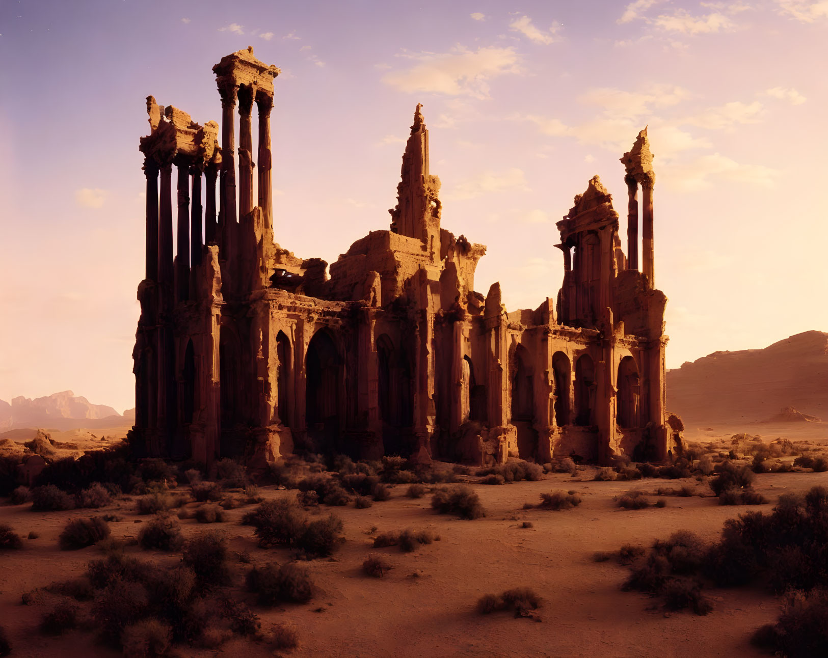 Ancient ruins illuminated in warm desert light at sunrise or sunset