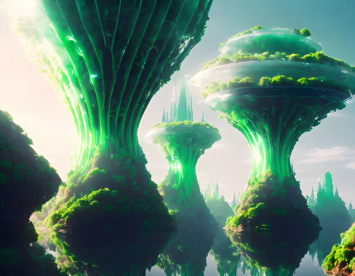 Green futuristic tree-like structures in misty landscape under soft-lit sky