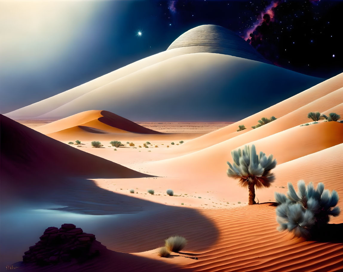 Desert twilight: Sand dunes, sparse vegetation, starry sky