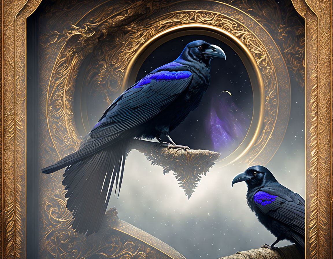 Iridescent blue raven on branch with cosmic backdrop in ornate gold frame