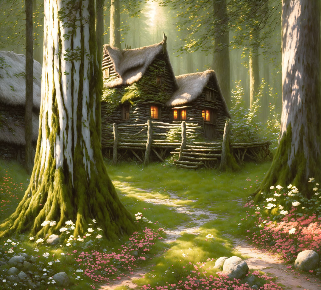 Cozy cottage in forest glade with sunlit wildflowers