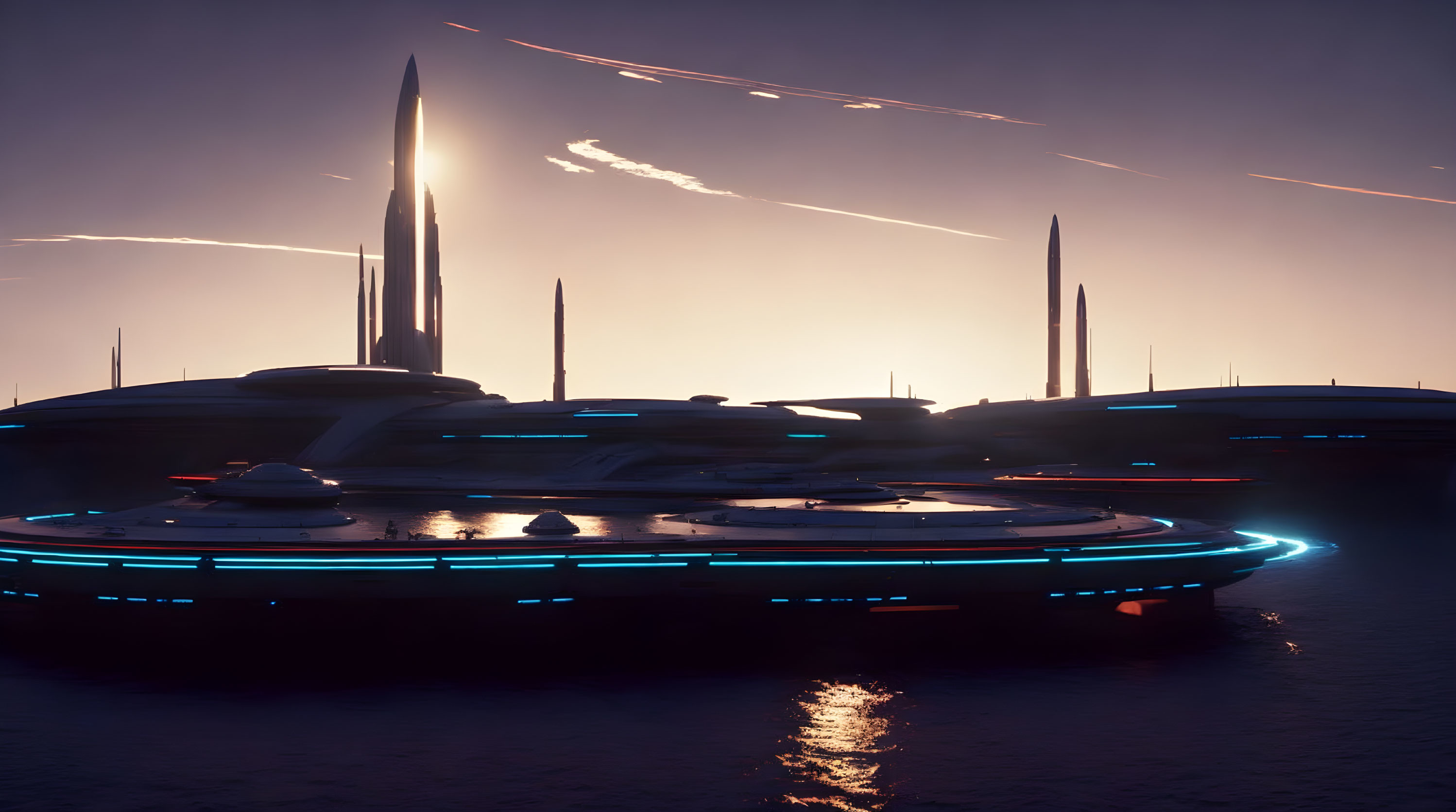 Sleek futuristic cityscape at dusk with glowing neon accents