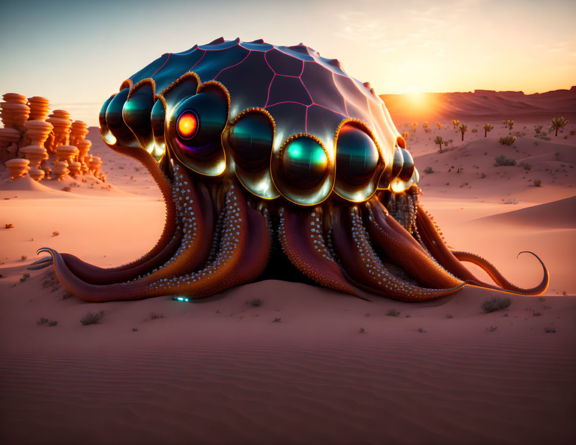 Reflective shell octopus in desert sunset landscape