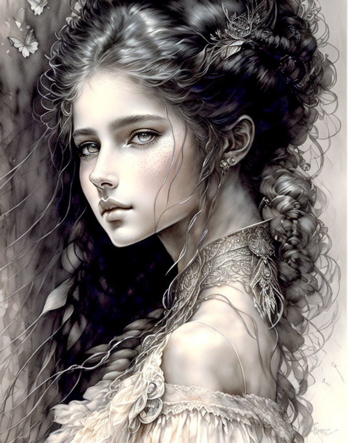 Monochrome illustration of young woman with braided hair and floral adornments