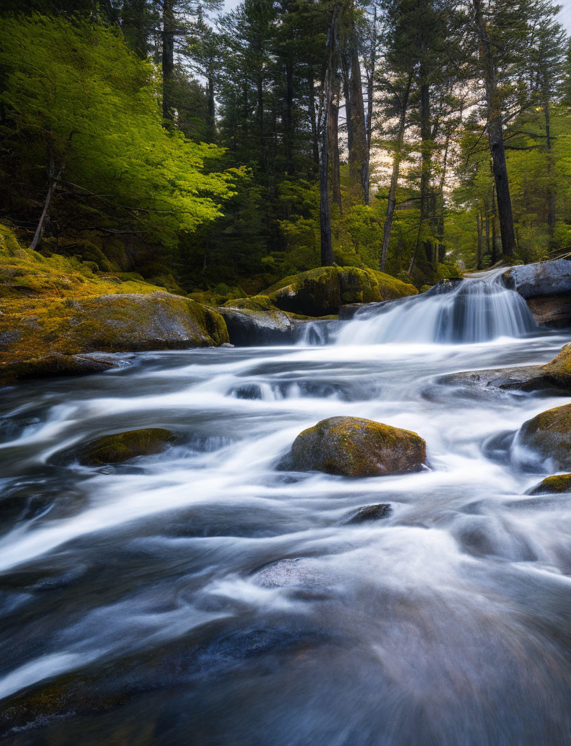 Tranquil forest waterfall scene with moss-covered rocks and lush green trees