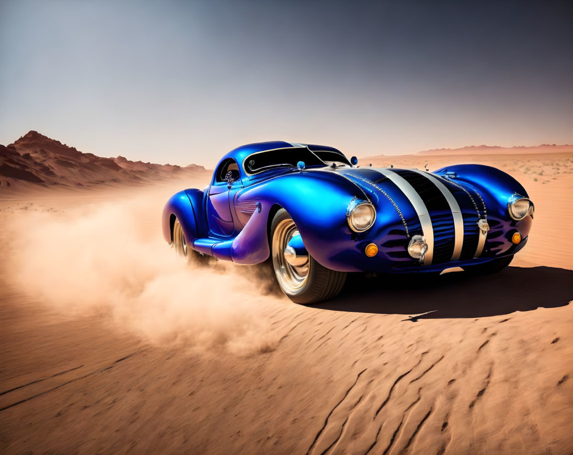 Vintage blue car with white stripes speeds through desert landscape