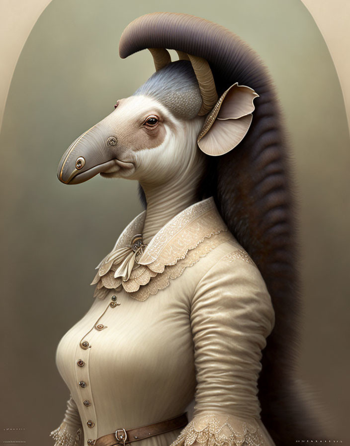 Antelope-headed anthropomorphic creature in vintage Victorian dress