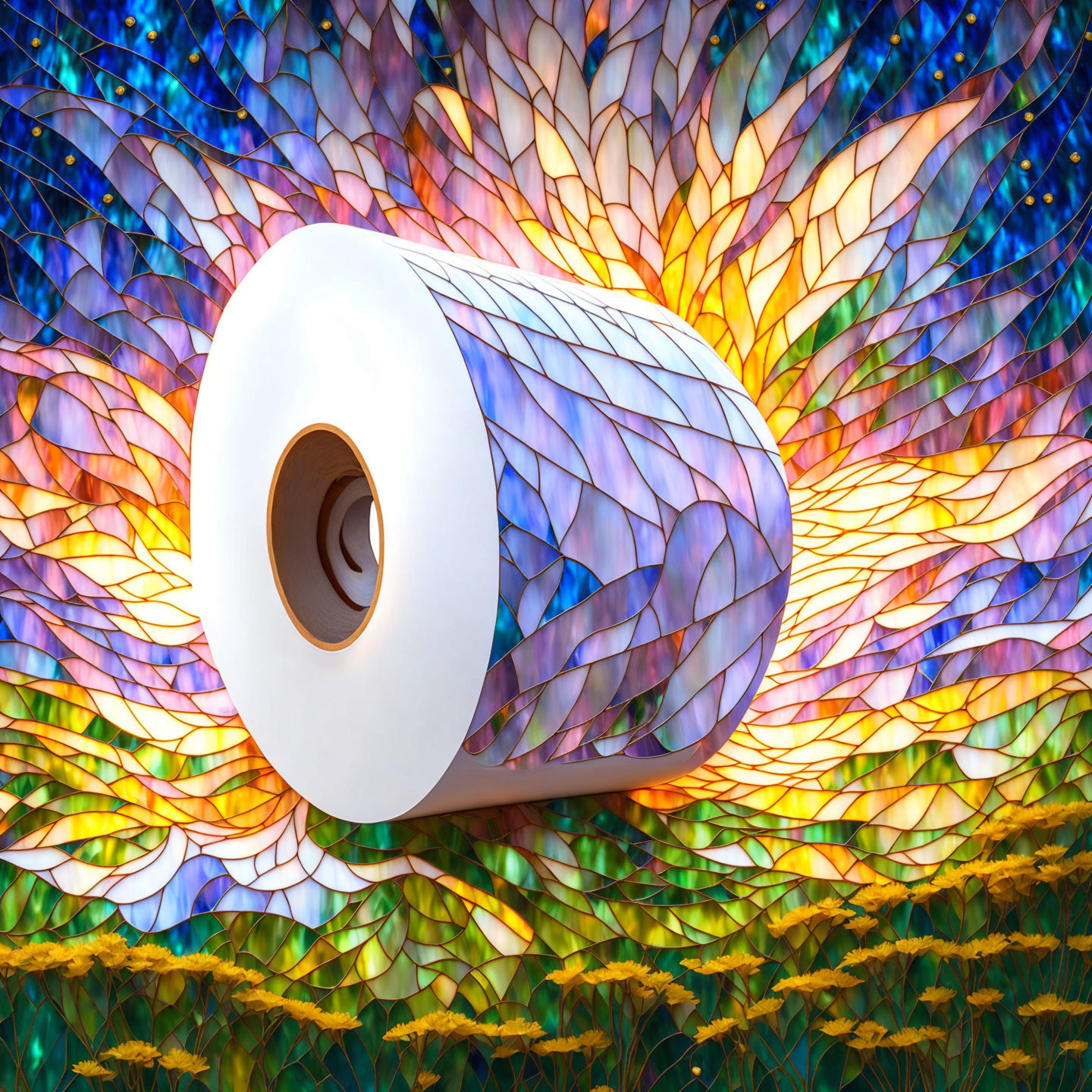 White Paper Roll on Vibrant Mosaic Background with Leaf Patterns