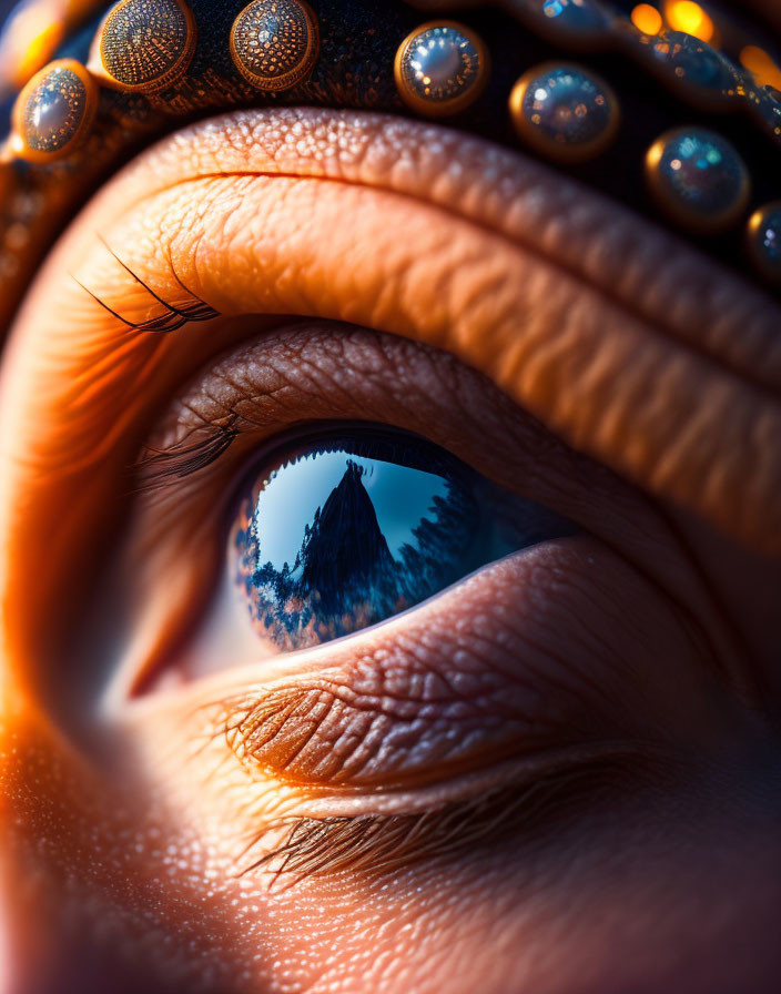 Detailed close-up of human eye reflecting mountain, ornate decoration.