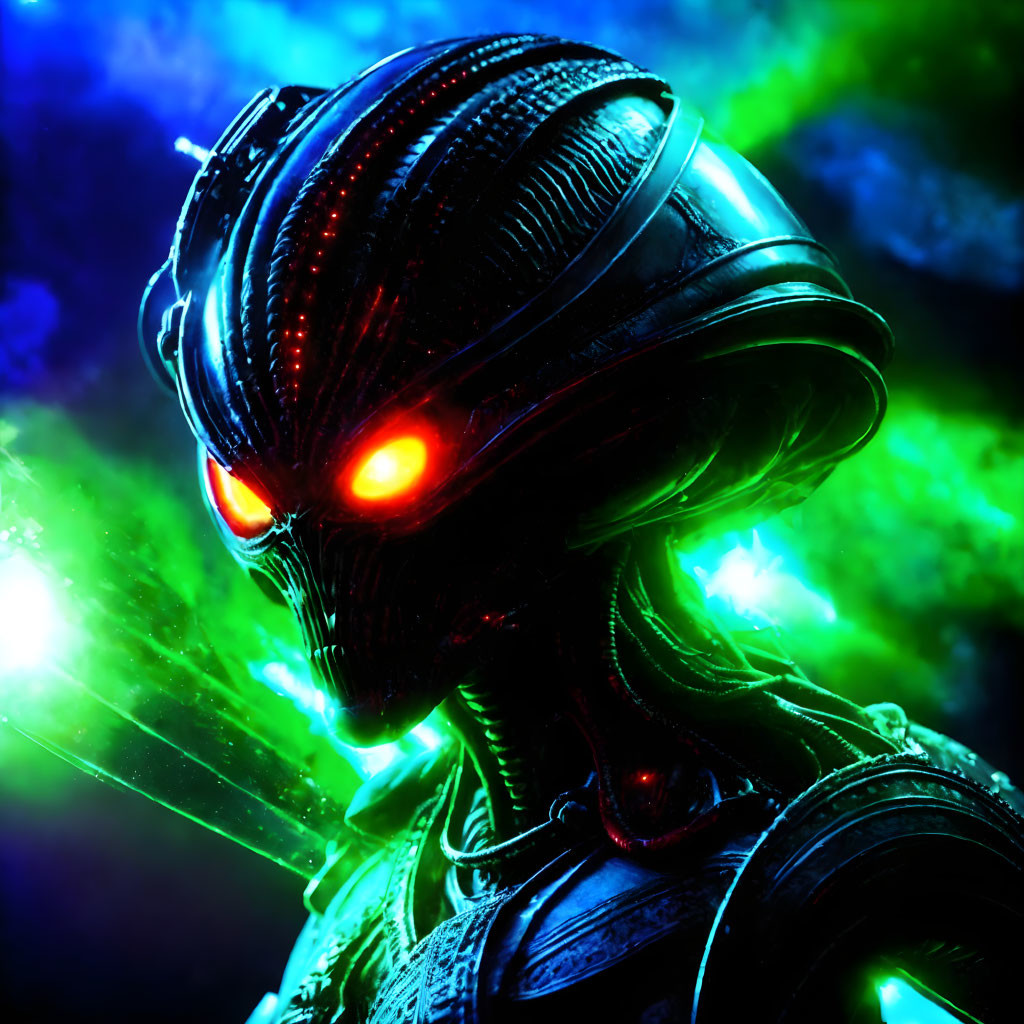 Detailed Alien with Glowing Red Eyes and Biomechanical Suit