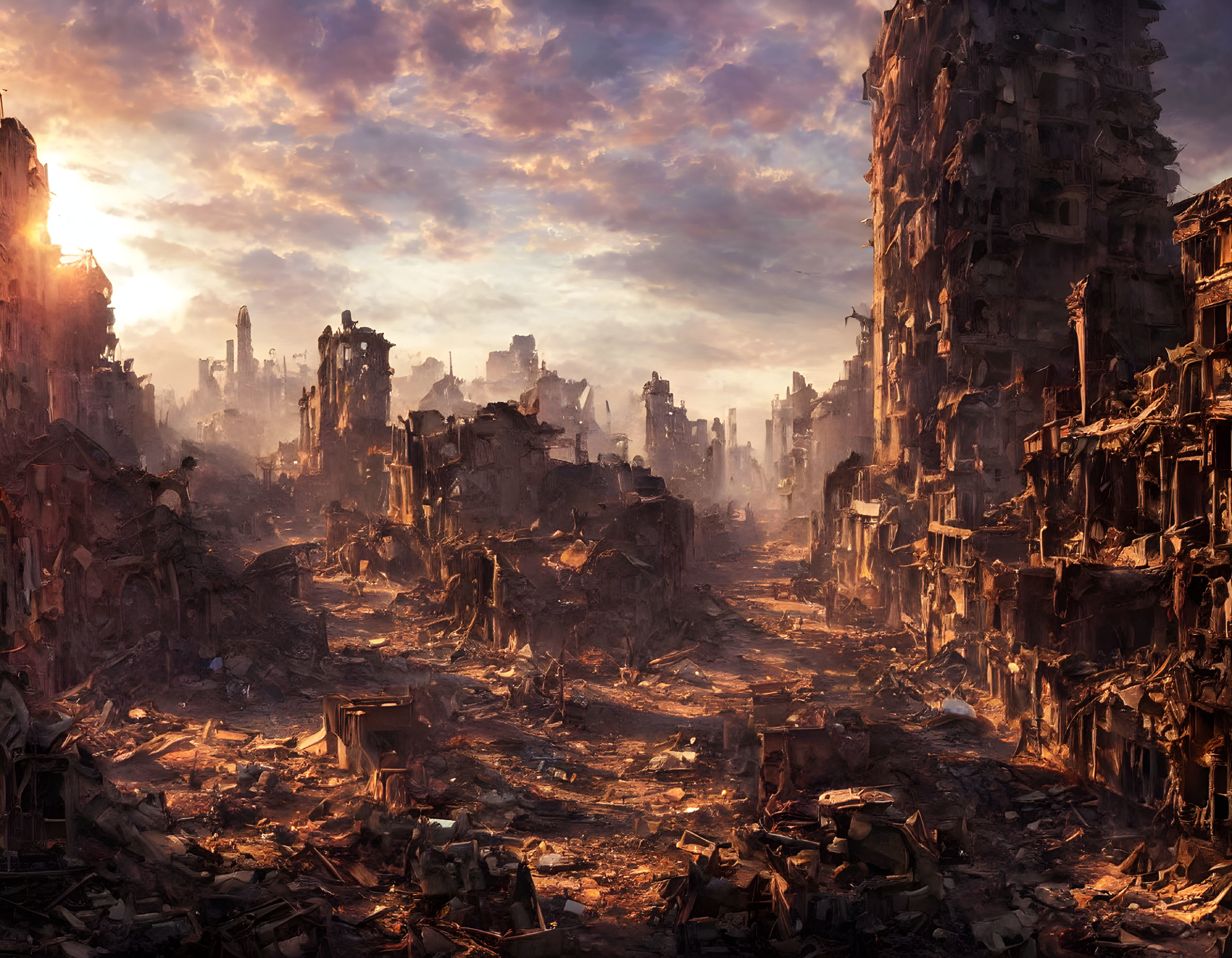 Sunset over post-apocalyptic city ruins and debris in orange sky
