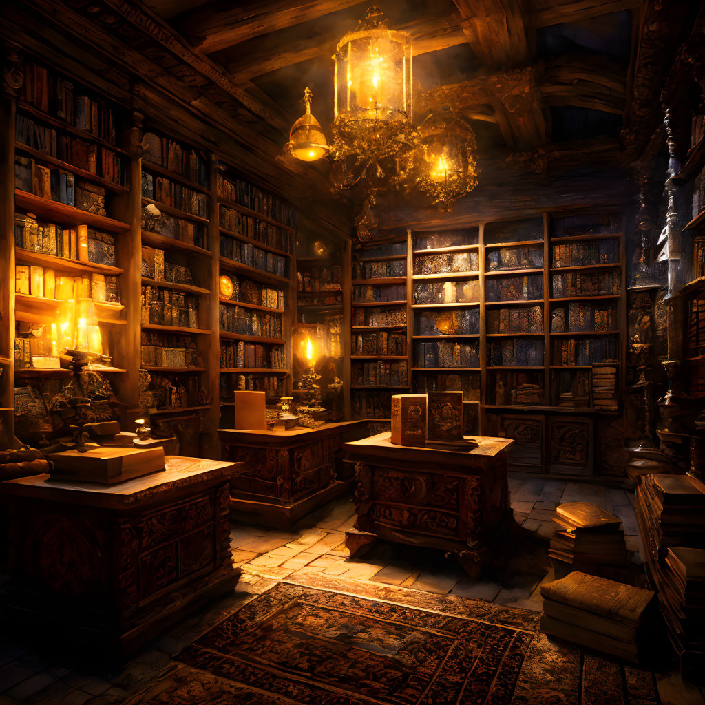 Dimly-lit study with wooden bookshelves, chandeliers, desk, candles, and