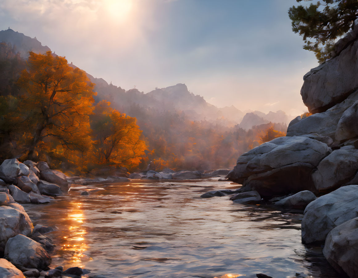 Tranquil river at sunset with autumn trees and mountains