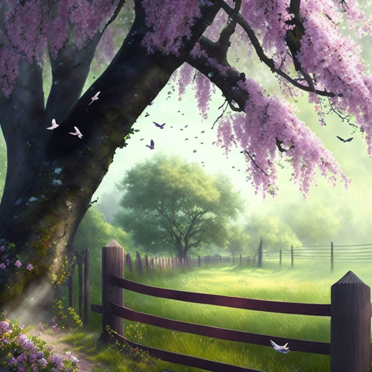 Pink blooming trees, wooden fence, birds, and lush meadow in serene landscape