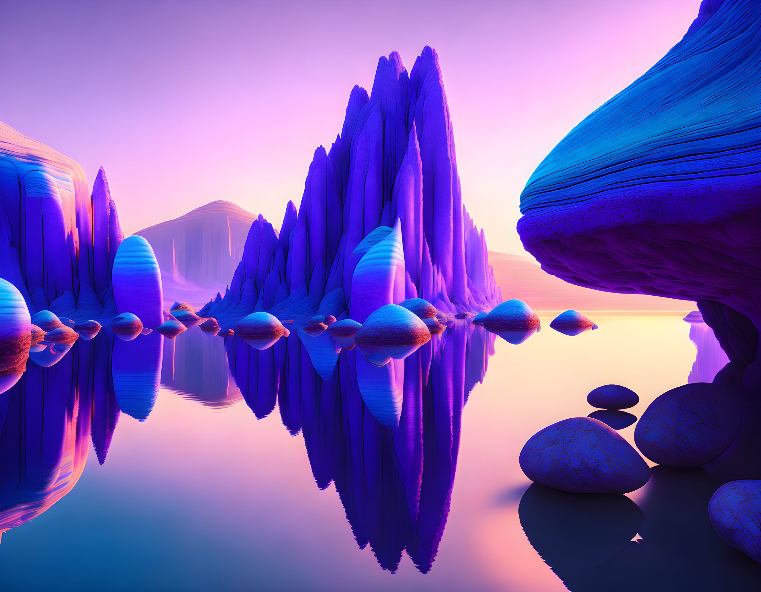 Vivid digital artwork: Purple and blue futuristic rock formations in calm waters under gradient sky.