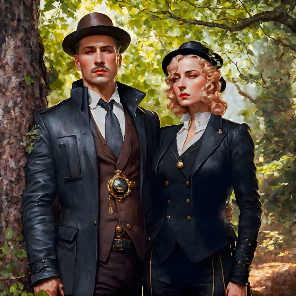 Vintage detective attire individuals exude mystery and resolve in forest.