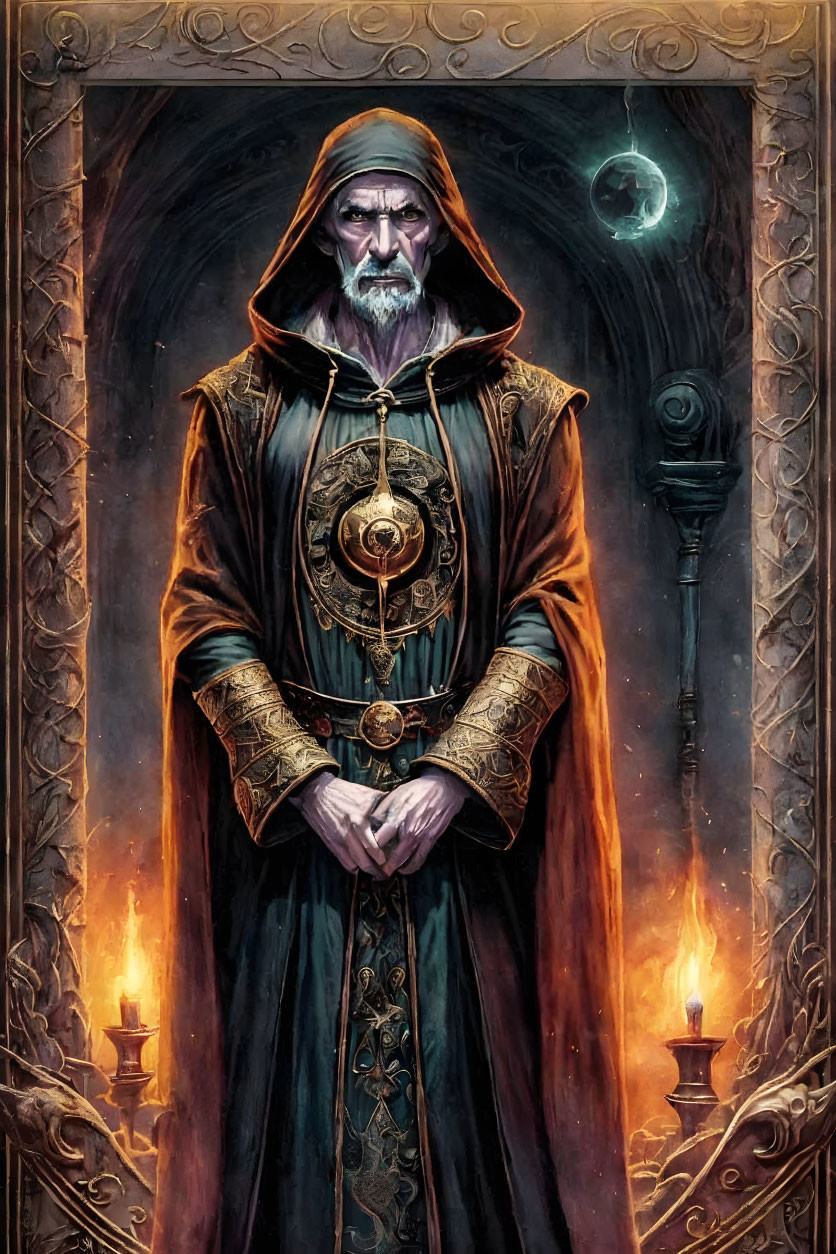 Bearded wizard in robe with staff and orbs at doorway