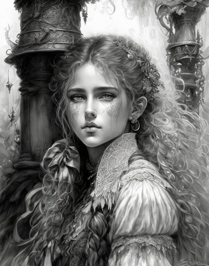 Monochrome artwork: Young woman with intricate attire and curly hair