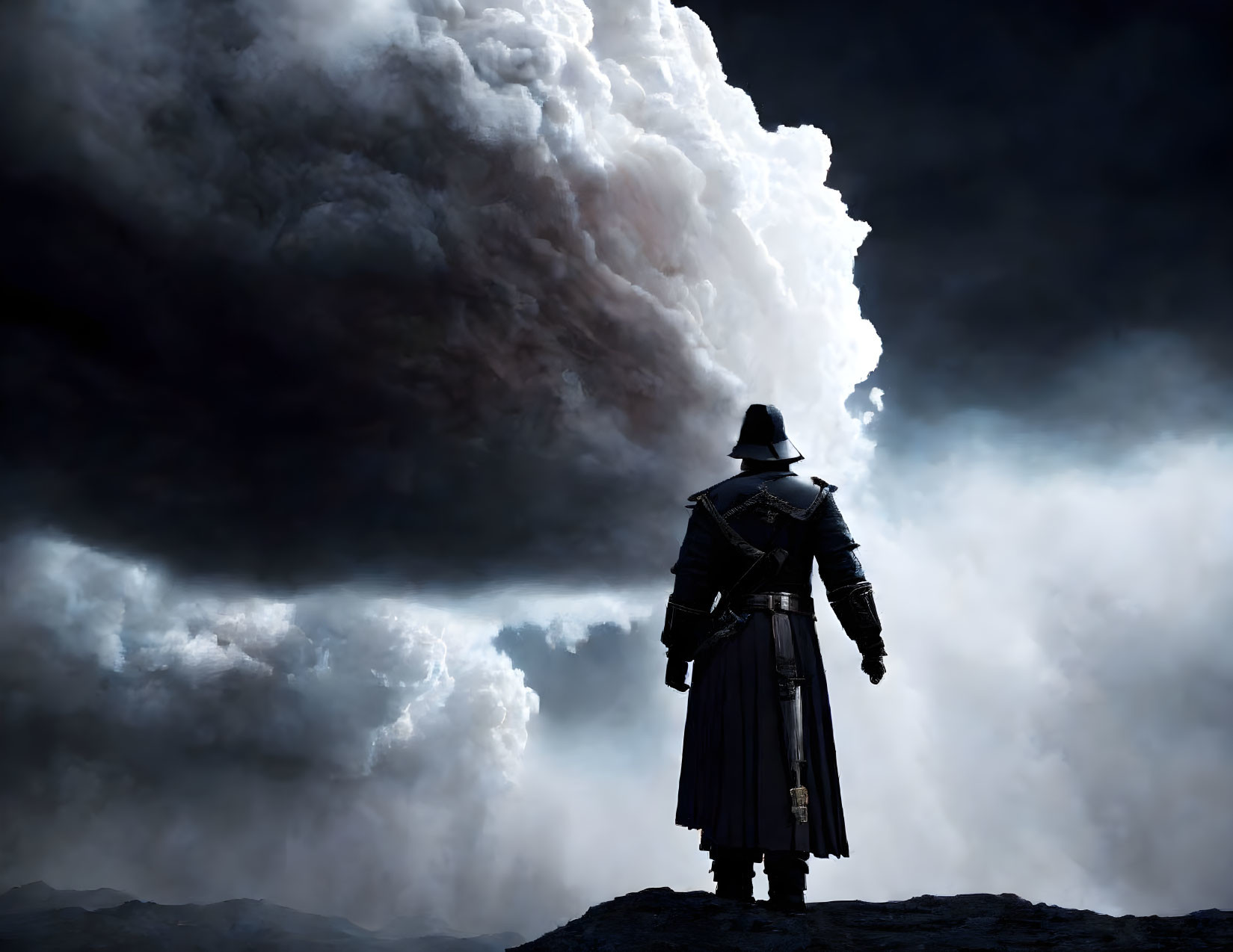 Figure in hat and coat gazes at billowing cloud on rocky terrain