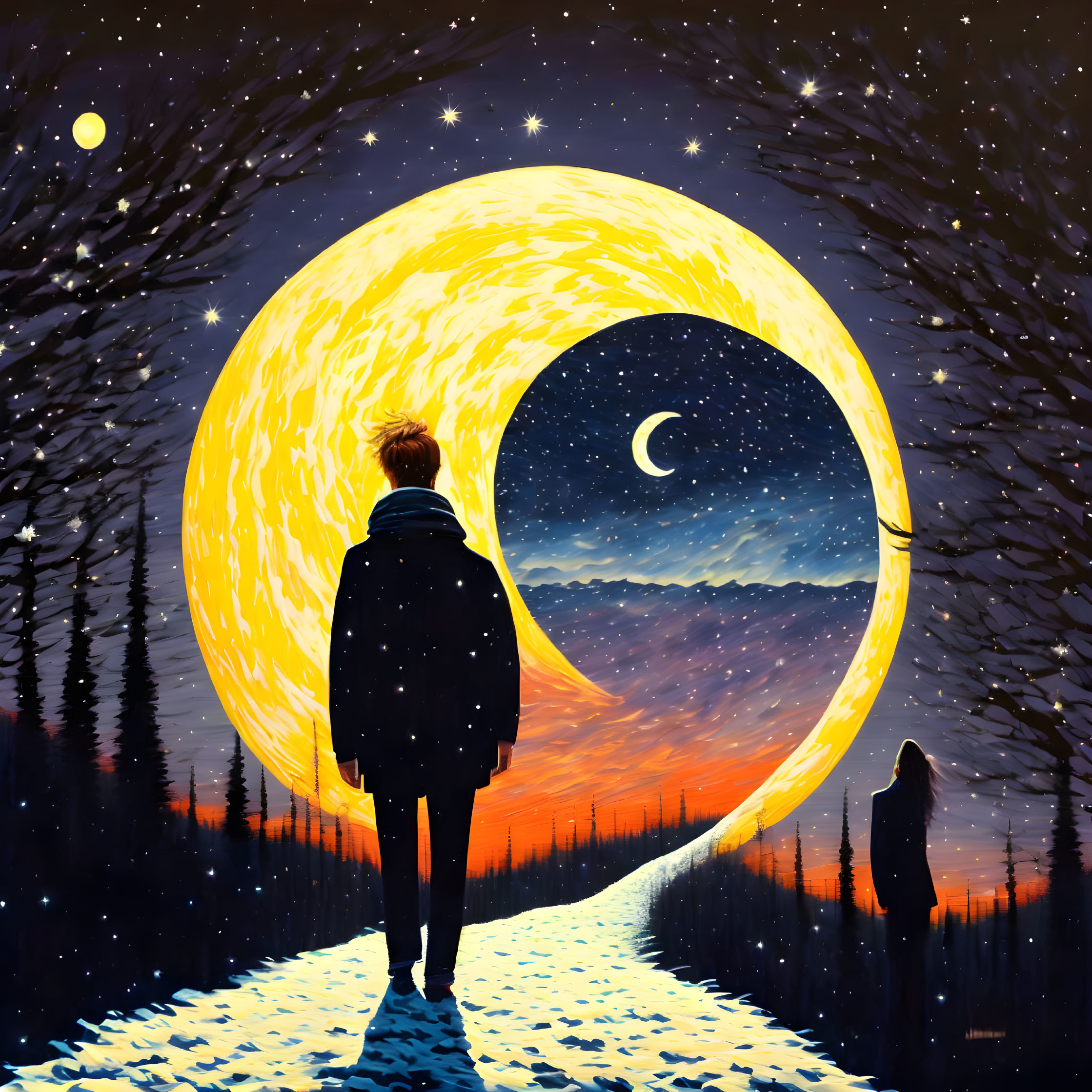 Surreal landscape with person, oversized moon, starry sky, and mountains