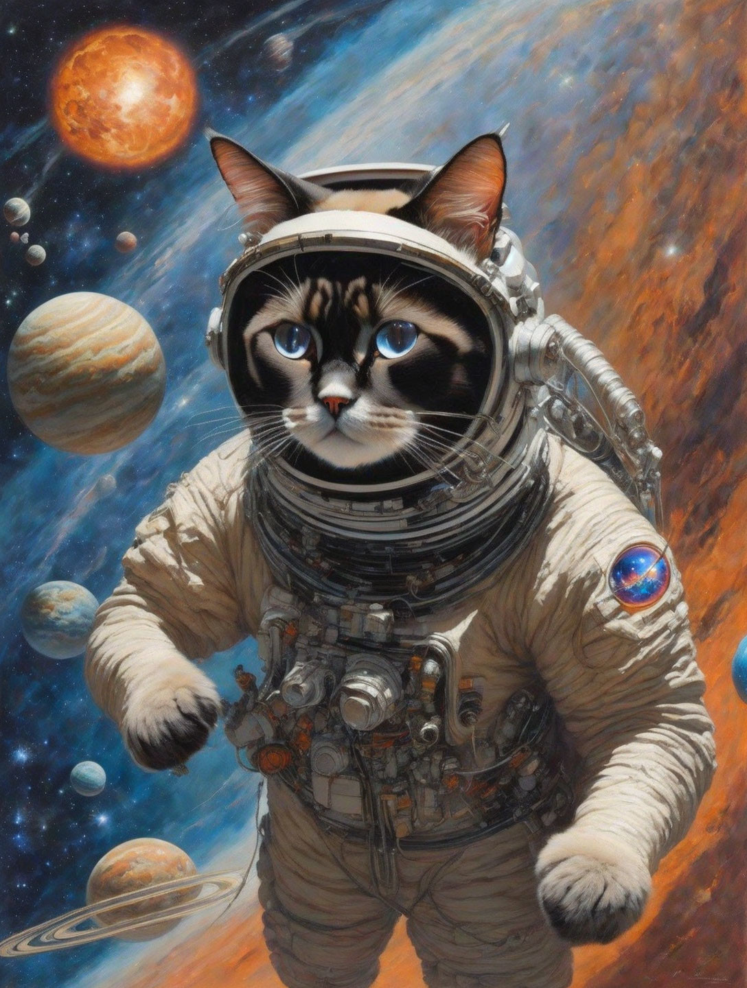 Strikingly Marked Cat in Astronaut Suit Floating in Space