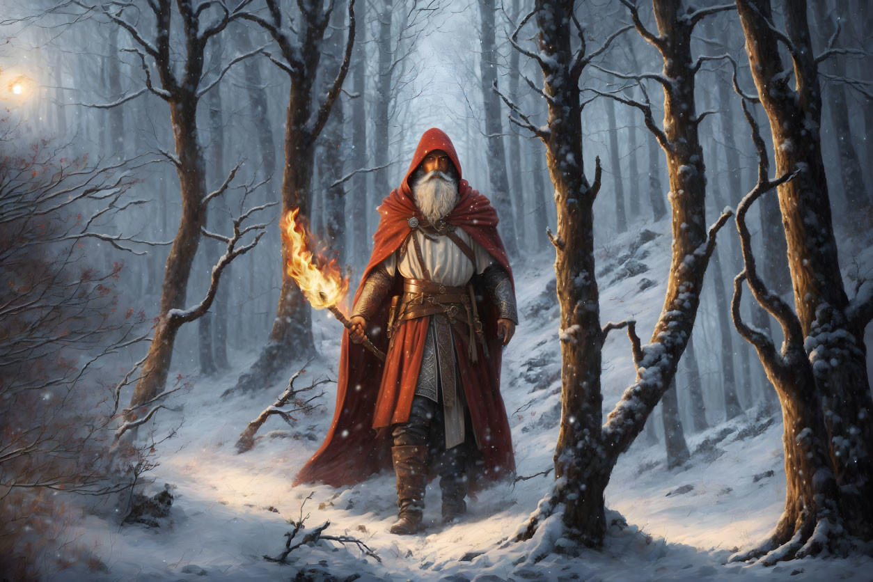 Cloaked Figure with Torch in Snowy Forest